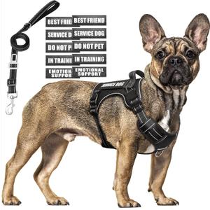 Tactical Dog Harness and Leash Set Medium Sized Dog,Heavy Duty No Pull Service Dog Vest and 10 Patches with Dog Seat Belt,Reflective Adjustable Pet Harness for Training Walking Hiking Black, M