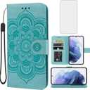 Wallet Case for Galaxy S21 with Tempered Glass Screen Protector, Mandala Leather Flip Credit Card Holder Stand Phone Cover Case for Samsung Galaxy S21 5G Green