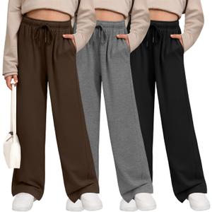 3 Pack Girls' Sweatpants Wide Leg Drawstring Casual Kids Joggers Open Bottom Loose Solid Teen Pants with Pockets (XX-Large, Dark Mixed Gray, Coffee, Black)