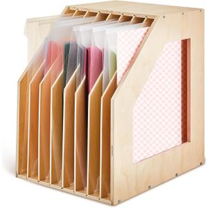 ReliThick 1 Pcs 12x12 Paper Storage Organizer Wood Slope Design Scrapbook File Sorter Storage Shelf for Holding 8 Slot Heat Transfer Paper Portfolio Filing Crate Album Glass Holder for Office School
