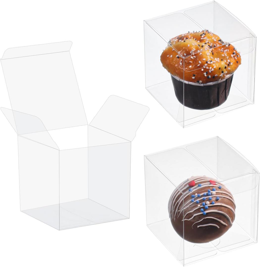 100 Pack 3x3x3 Inch Clear Plastic Bakery Boxes for Hot Chocolate Bombs, Small Pastries & Cookies