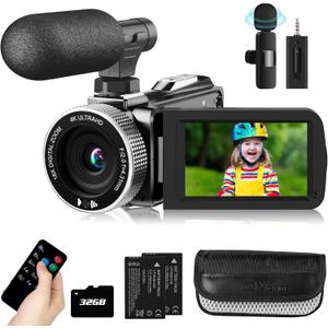Video Camera Camcorder 4K 48MP 30FPS Vlogging Camera for YouTube with Wireless Lavalier Mic & External Mic Video Cameras for Filming with 32GB SD Card and 2 Batteries