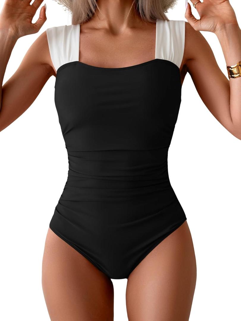 B2prity Womens One Piece Swimsuit Retro Square Neck Tummy Control Bathing Suits Ruched Modest Full Coverage Swimwear (Large, Black,white)