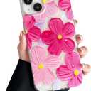 Compatible with iPhone 14/15 Plus Case, Cute Aesthetic Sparkle Hot Pink Oil Painting Floral Flowers Cover for Women, Shockproof Slim Soft TPU Protective Phone Case