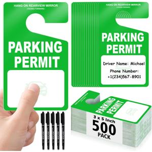 500 PCS Plastic Parking Permit Hang Tags Red Blank Rearview Mirror Placards Thick 18 Mil Waterproof PVC 3x5 Inch Single-Sided Printing with 5 Marker Pens for Temporary Parking Passes (500, Green)