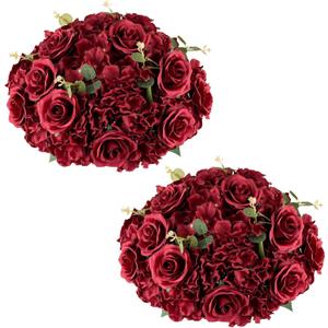 Nuptio Flower Balls for Wedding Centrepieces - 2 Pcs 15.7 inch Diameter Large Burgundy Artificial Flowers Roses Ball Fake Flower Arrangement Bouquet Faux Rose for Wedding Party Centrepiece Decorations