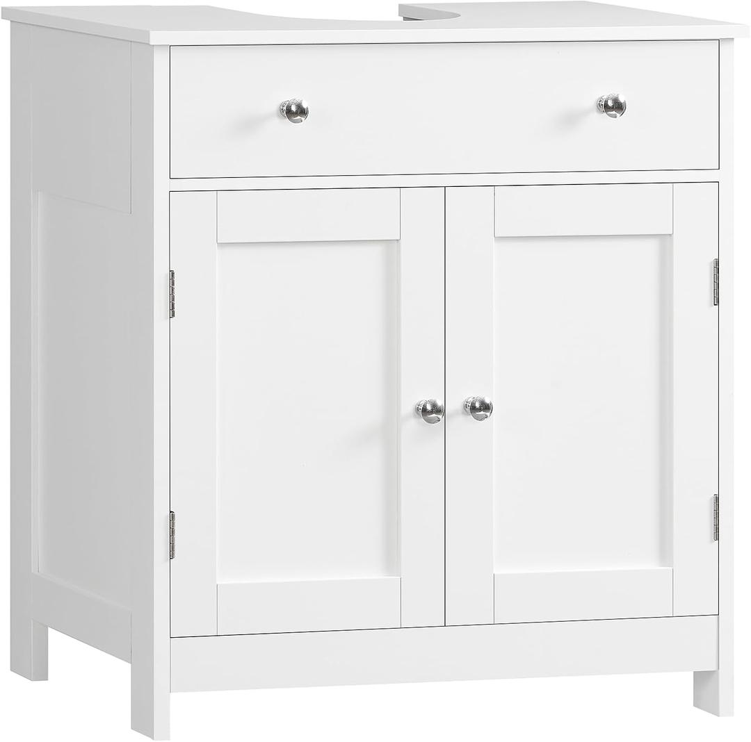 TEENFON Pedestal Sink Storage Cabinet with 2 Doors and Drawer, Bathroom Sink Cabinet, Under Sink Storage with U-Shape Cut-Out, White, 23.6"w X 11.8"d X 25.6"h