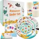 The Dreidel Company Passover Disposable Seder Plate Set - Ten Plagues Design - 9" and 7" Plates, Cups, Napkins and Place Cards, 120 Piece Set, Serves 24 People