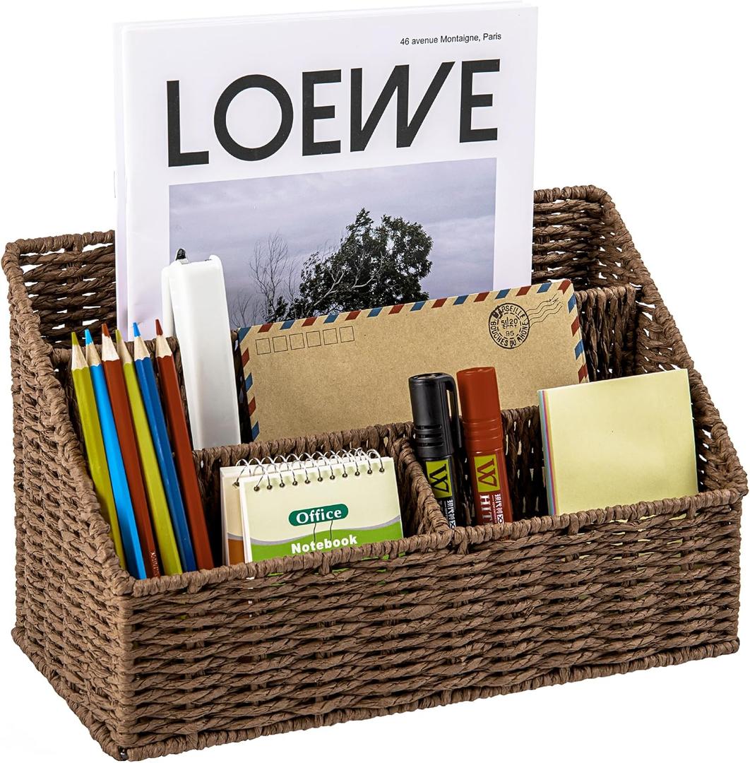 Woven Mail Organizer, Mail Organizer Countertop, Natural Tabletop Mail Holder, Rattan Desk Organizer, Boho Office Desk Accessories, Mail Basket for Bill Mail Papers Letters(Brown)