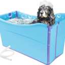 FHTONGE 49Gal/186L Collapsible Extra Large Dog Bathtub with Drainage, Thicken Portable Shower Bucket for Big Dog Indoor/Outdoor Bathing Camping, Freestanding Surround Pet Large Soaking Barrel Bule (Blue)