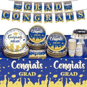2025 Graduation Party Decorations, Blue Graduation Party Supplies Disposable Paper Plates Napkins Cups Tablecloth Banner Dinnerware Set for Congrats Grad Party Decorations, Serve 25