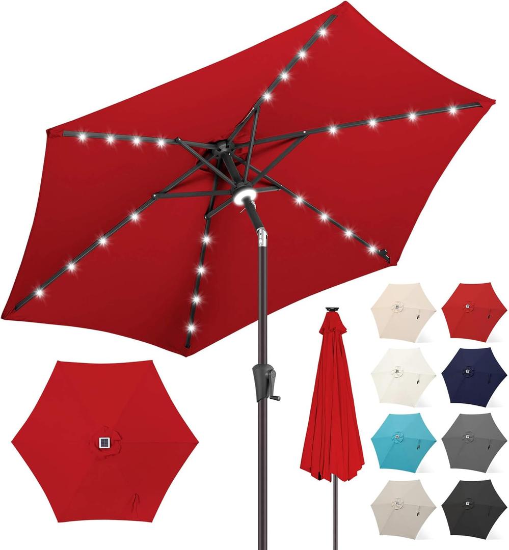 FLAME&SHADE 10ft Solar Outdoor Umbrella - 24 LED Lighted Patio Umbrella with Centre Surround Light, Table Umbrellas with Tilt & Crank for Pool, Porch, Garden, Deck, Backyard UV Protection (Red)
