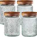 4-Pack 24 OZ Vintage Glass Jar with Lid, Airtight Food Storage Canisters with Bamboo for Kitchen Counter Pantry, Ideal for Coffee, Candy, Tea, Oats, Sugar, Cookies Decorative Jars (24oz-2Sunflower+2Begonia)