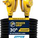 Camco Power Grip 30-Ft 50-Amp Camper/RV Extension Cord - Features Copper 6/3 + 8/1-Gauge Wires for Superior Conductivity - Rated for 125/250 V/12,500 W - Coated w/Heat-Resilient PVC (55195)
