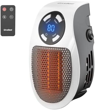 GiveBest Programmable Space Heater with LED Display, Remote Wall Outlet Electric Heater with Thermostat and Timer for Home Office Bathroom Indoor Use, Small Plug in 450 Watt Heater, ETL Listed