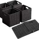 10.5x10.5'' Set of 5 Cube Storage Baskets, Natural Black Paper Rope Multipurpose Collapsible Organizers, Woven Laundry Totes for Laundry, Storage Cubes,Wicker Baskets Laundry Organizer Totes for Home