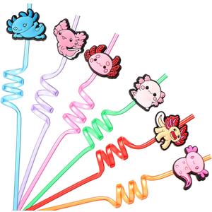 Bokon 24 Pack Axolotl Straws, Axolotl Party Supplies and Party Favors, Reusable Plastic Twisty Plastic Drinking Straws for Themed Decoration Supplies Favors, 6 Styles