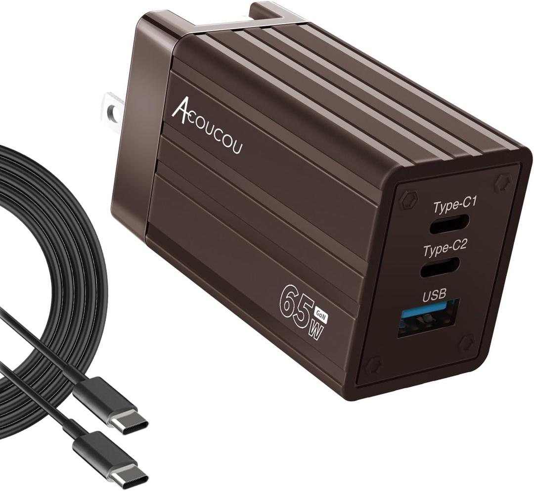 USB C Fast Charging Block65W GaN Fast Charger 3-PortAcoucou Adapter Type C Wall Chargers with Cable, for iPhone 17,16,15, iPad, MacBook, Galaxy S25, S24, S23, Tablet (Bronze)