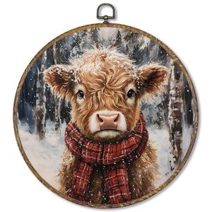 Fewgb Winter Christmas Highland Cow Round Wall Art Decor Framed, Rustic Farmhouse Canvas Wall Art Prints Picture, Vintage Cottagecore Hanging Room Decor Artwork for Gallery Bedroom Kitchen 10x10