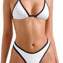 SUUKSESS Women Sexy Thong String 2 Piece Bikini Set Cheeky Halter Swimsuit ( Size 8-10, White Black)