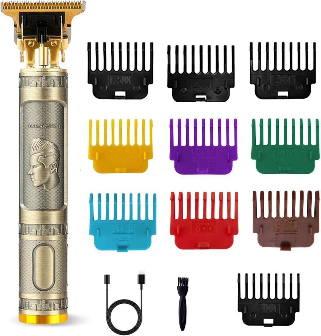 Cordless Electric Hair Trimmer with 10 Guide Combs, Professional Rechargeable T Beard Trimmer Shaver for Men, Zero Gapped Hair Clippers Cutting Grooming Kit for Barbers and Stylists