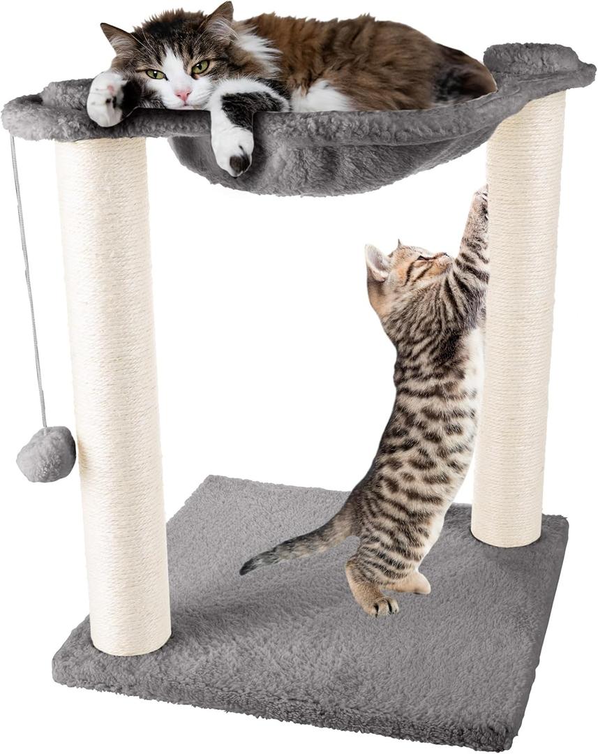 Cat Hammock with Scratching Posts for Indoor Cats - 19-Inch-Tall Cat Tree with Hanging Ball Toy for Adult Cats and Kittens by PETMAKER (Gray)