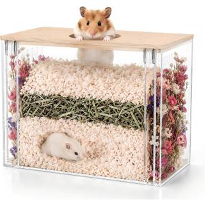 Fully Detachable Hamster Digging Box, Removable Acrylic Panels & Wooden Lid, Extra Deep Clear Panoramic Burrow, Dual-Side DIY Habitat, M Size for Syrian Hamsters, Gerbils, Degus