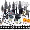 56 Pcs Halloween Village Accessories Set Halloween Haunted House Village Set Miniature Tombstones Tree Fake Spiders Fence Streetlamp Figurines for Home Table Party Decor