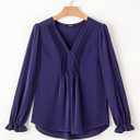 Dokotoo Womens Tops Casual Pleated V Neck Puff Long Sleeve T Shirts Loose Tunic Business Blouse (XXL)