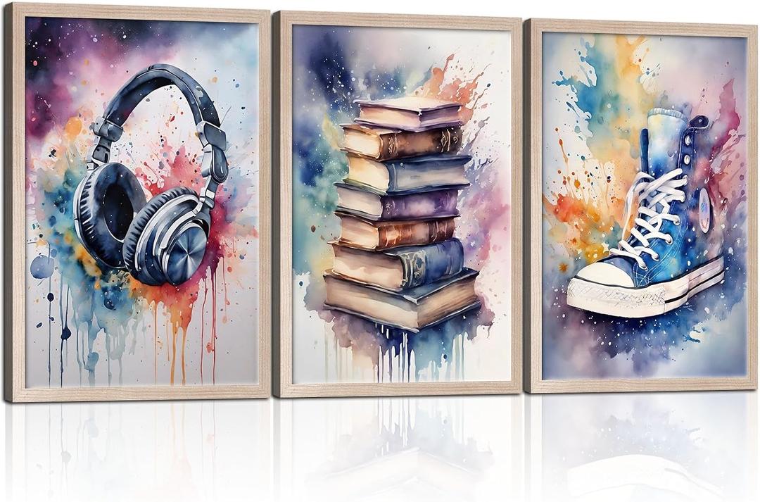 3 Pcs Framed Graffiti Abstract Wall Art Headphones Books Sneakers Canvas Print Poster Watercolor Pink Wall Decor Pictures Teenager Bedroom Wall Homemade Set Decoration for Living Room Bedroom Office 24" x 16"