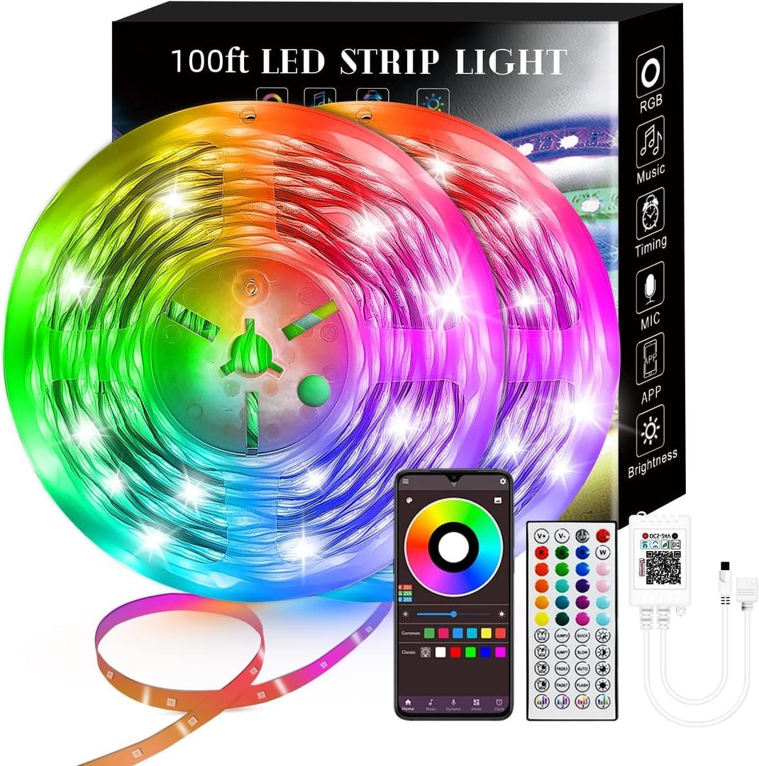 100FT Smart LED Strip Lights RGB Sync to Music with 40 Key Remote Controller LED Lights for Bedroom,Christmas Lights decration (Multi-Colored, 100FT) (Multicolor)