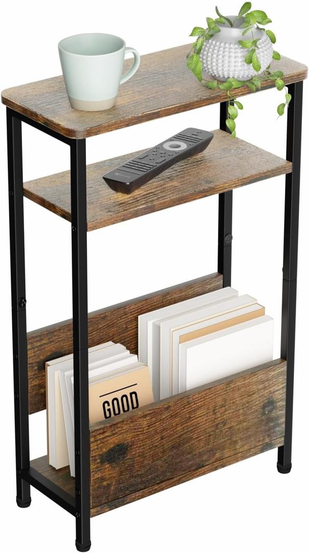 7.1" Narrow Side Table for Small Spaces, 3 Tier Small End Table with Magazine Holder, Slim/Skinny Nightstand/Bedside Table for Living Room, Bedroom, 15.4" L x 24.2" H (Rustic Brown)