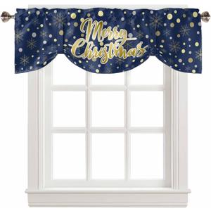 Merry Christmas Tie Up Valances for Windows Navy Blue Gold Polka Dot Winter Snowflakes Curtain Valance Rod Pocket Adjustable Tie-Up Window Treatments Curtains for Kitchen Bathroom Bedroom, 42"x18"