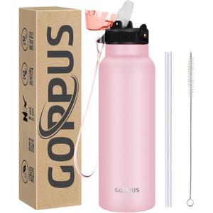 GOPPUS 24 oz Insulated Double Wall Vacuum Water Bottle With Straw Stainless Steel Sports Water Cup Leakproof Wide Mouth Resusable Water bottles for Kids Men Women Pink-1 Lid (24 Ounces)