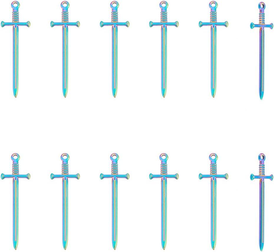 UNICRAFTALE 16pcs Rainbow Sword Pendants 45mm Stainless Steel Swords Charms Bookmark Hypoallergenic Punk Earring Sword Charms Metal Bracelets Charm for DIY Jewelry Making