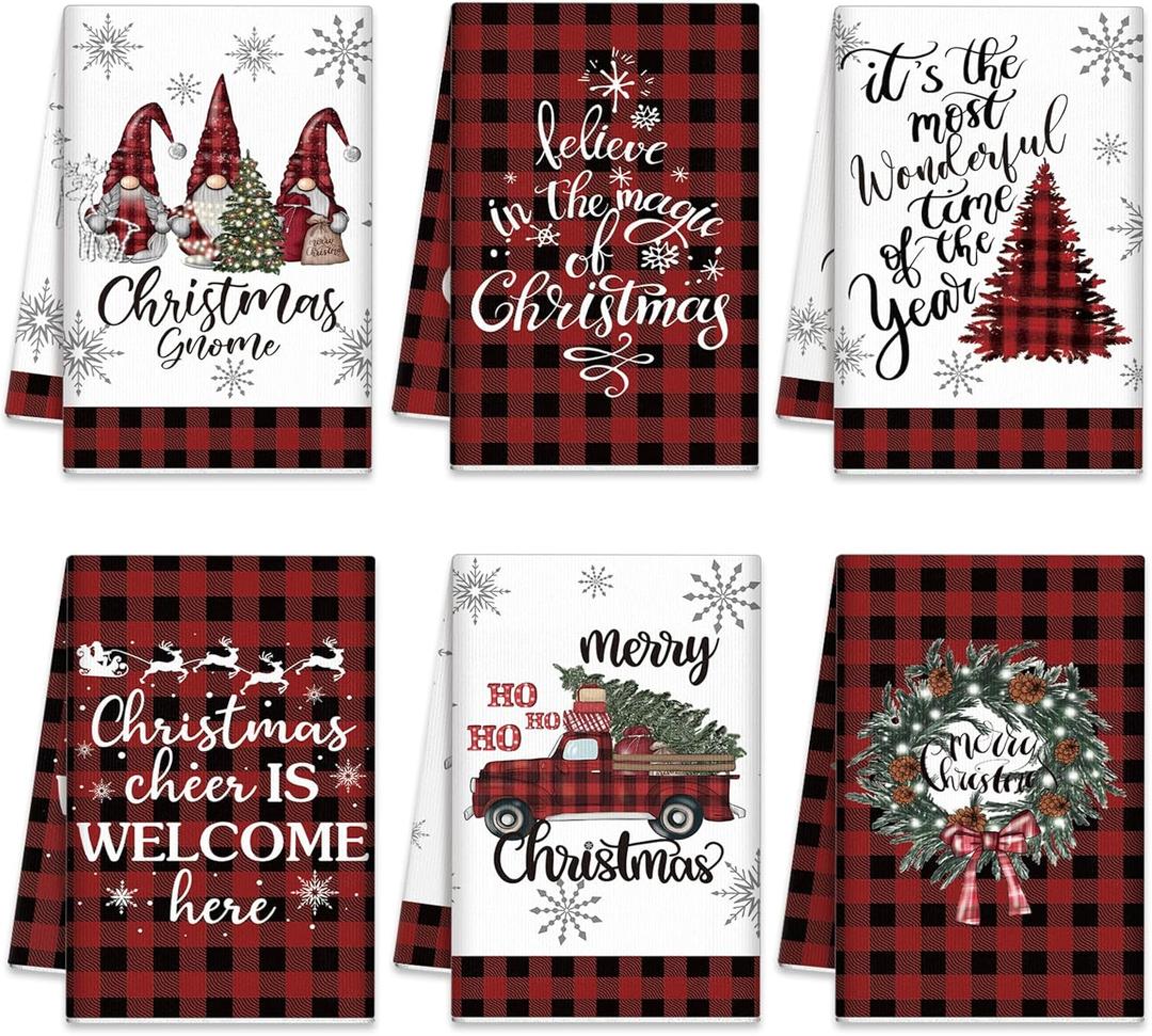 6 Pcs Christmas Kitchen Towels Decorative Buffalo Check Plaid Hand Towels 15.8 x 23.6 Inch Absorbent Red Black Dish Towels Xmas Gnome Truck Tea Towels for Winter Kitchen Housewarming Gifts