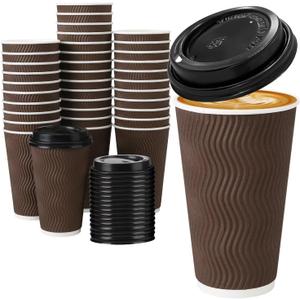 16 oz Coffee Cups with Lids 50 Pack, Disposable Coffee Cups with Lids, Insulated To Go Paper Coffee Cup for Hot Cold Drinks (Brown)