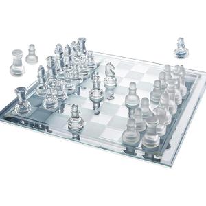 Gamie Premium Glass Chess Set, 10 Inch  Elegant Design  Durable Build  32 Frosted and Clear Pieces  Felted Bottoms  Easy to Carry  Stable & Fully Functional for Chess Lovers