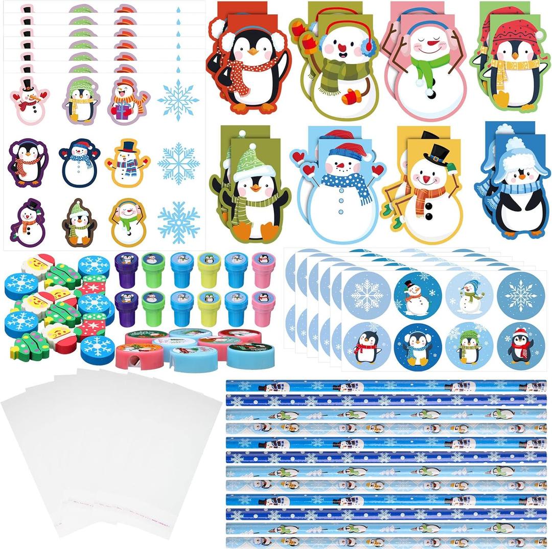 Funrous 192 PCS Christmas Party Favors Stationery Set Kids - Winter Holiday Classrooms Exchange Gifts Reward Prizes Bulk - Including Pencils, Notebooks, Eraser, Sticker(Snowflake)