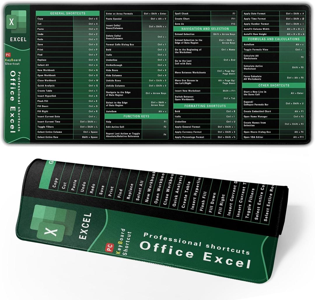 Excel Cheat Sheet Desk Pad Extended XL Office Keyboard Mat (31.5" x 11.8") Inch, 3mm Thick Excel Shortcuts Mouse Pad, Stitched Edges Non-Slip Base (U Green Black excel)
