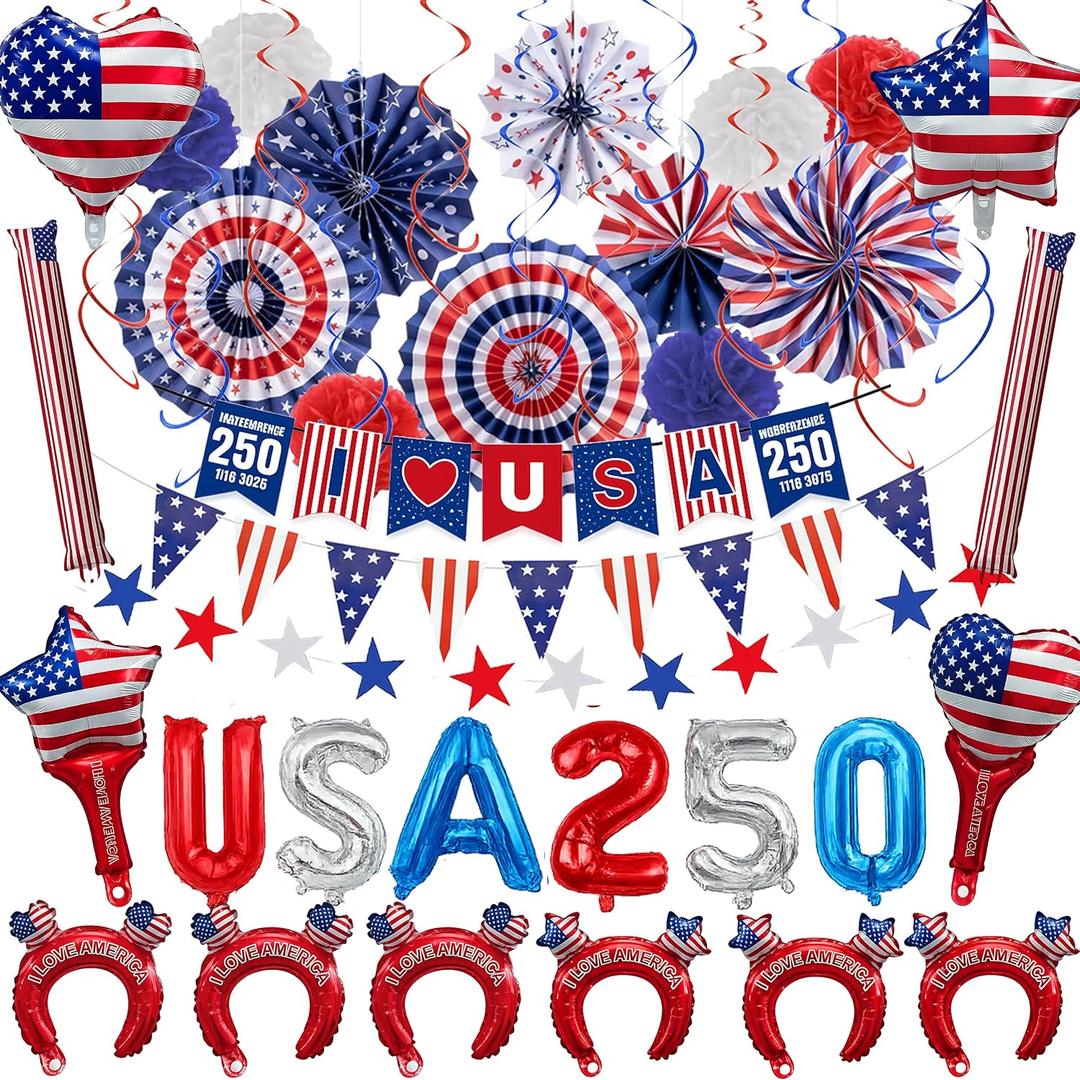 45Pcs 4th of July Decorations, Patriotic Red White Blue Party Set | USA bunting, paper fans, star streamers, swirls, 250 foil balloons and handheld cheering accents