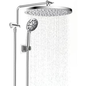 Hibbent Metal Thickness Shower Head, 12'' High Pressure Rainfall Shower Head/Handheld Showerhead Combo with 12'' Adjustable Shower Extension Arm, 7-Spray, 71'' Hose, Showerhead Holder, Chrome