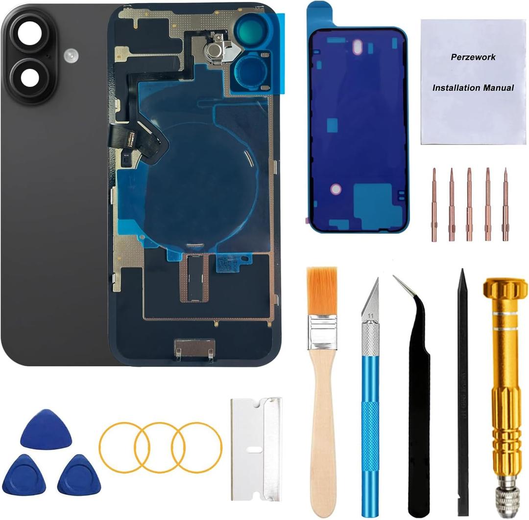 Rear Back Glass Replacement for iPhone 16 Plus 6.7-inches with Reparing Tool Kit and All Necessary Parts (Black)