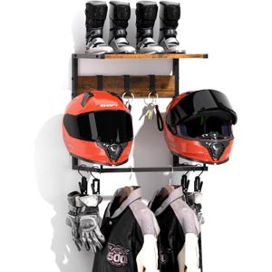 Urban Deco Motorcycle Helmet Holder Wall Mount, Helmet Rack with 2 Hat Stands, Helmet Stand for Display Wall Mount, Motorcycle Accessories Gear Storage for Men, Small (16.7*12*16.1 inches)