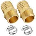 2 Pcs Hose Barb Fittings 3/4" Barb to 3/4" NPT Male Thread Brass Metals Adapter connector with Hose Clamp