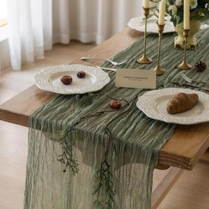 Keketoarrange Sage Green Table Runner Sheer French Country Decor Rustic Gauze Bali Yarn Cheesecloth 120 Inch 10 FT Cheese Cloth for Wedding Baby Bridal Shower Party Summer Home Decorations