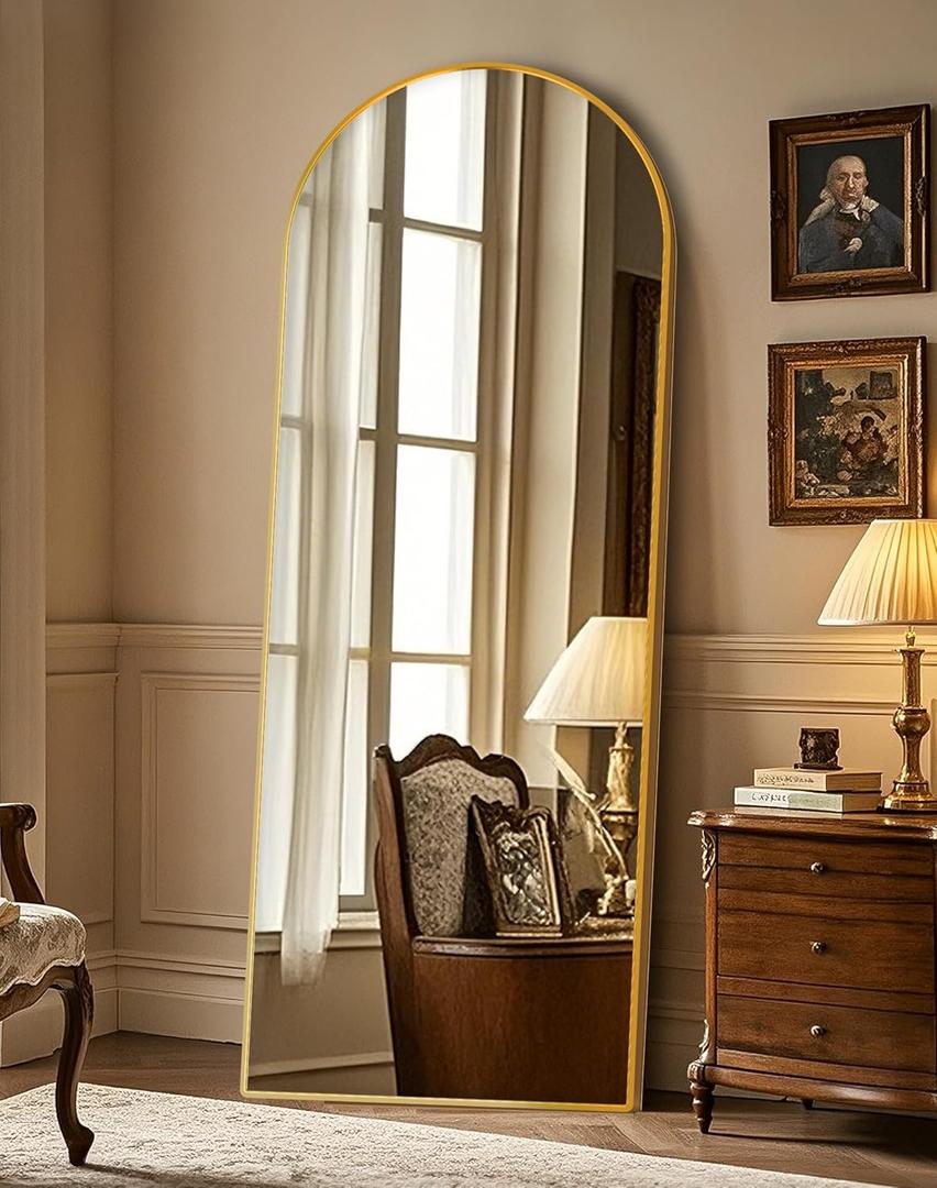 Delma Wall Mirror Full Length Mirror,Standing Mirror Full Body,Large Floor Mirror for Wall Door Bedroom Bathroom Living Room with Aluminium Frame(with Stand,Arch 56x20-Gold)