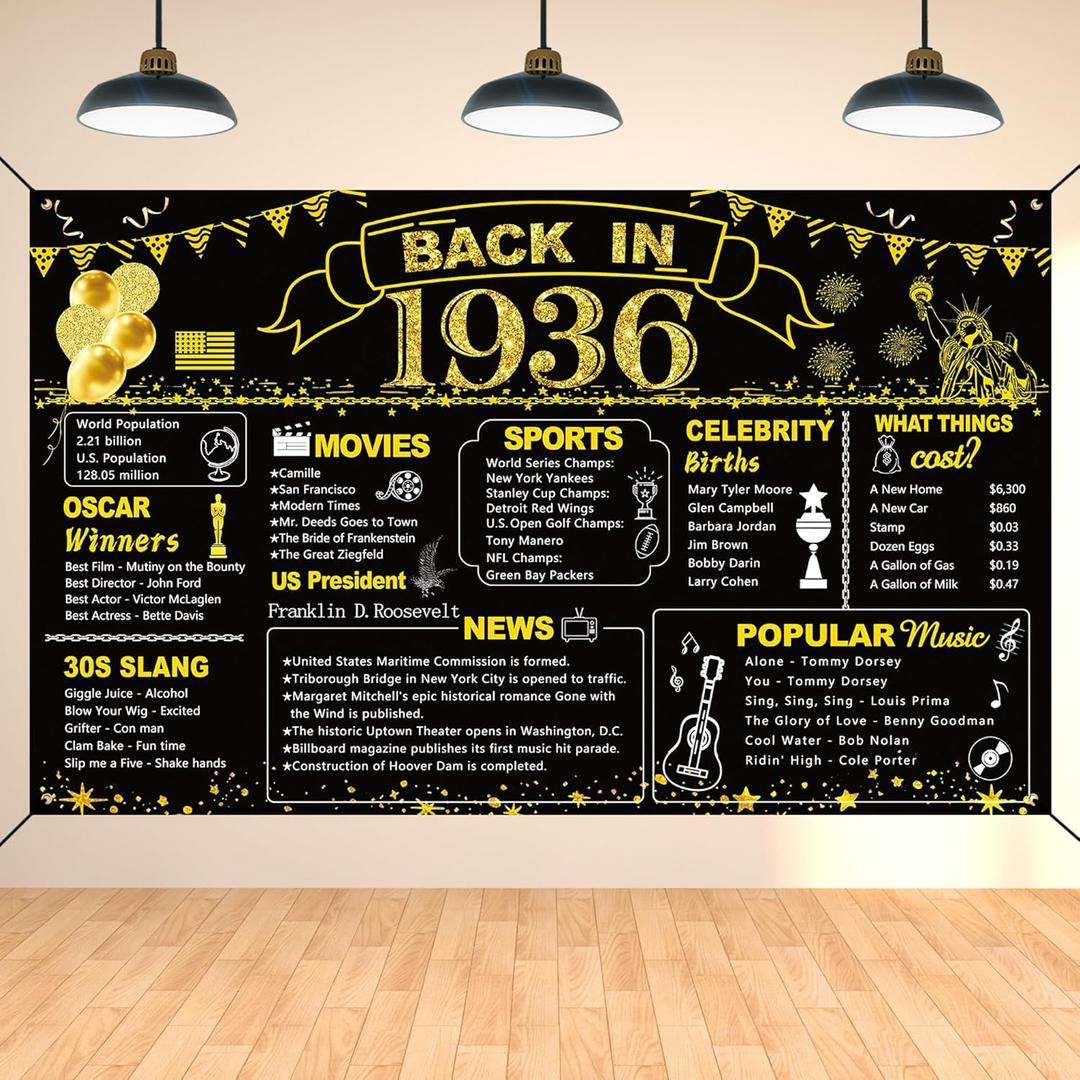 DARUNAXY 90th Birthday Black Gold Party Decoration, Back in 1936 Banner 90 Year Old Birthday Party Poster Supplies, 6x3.6ft Large Fabric Vintage 1936 Backdrop Photography Background for Men and Women