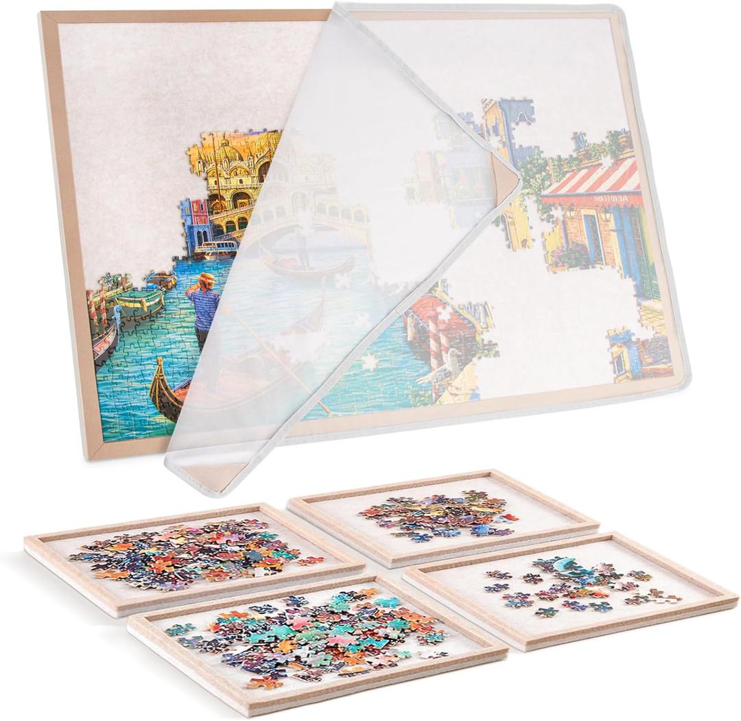 Puzzle Board with 4 Sorting Trays, Playing Surface with Protective Cover for 1000 Pieces, 31.5" x 23.6" Felt Display Board