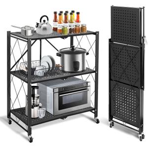 Foldable Storage Shelves with Wheels, Folding Shelving Units Storage, Heavy Duty Metal Collapsible Shelf No Assembly, Large Capacity Pop-Up Organizer for Garage,Kitchen,Living Room, 3-Tier Black